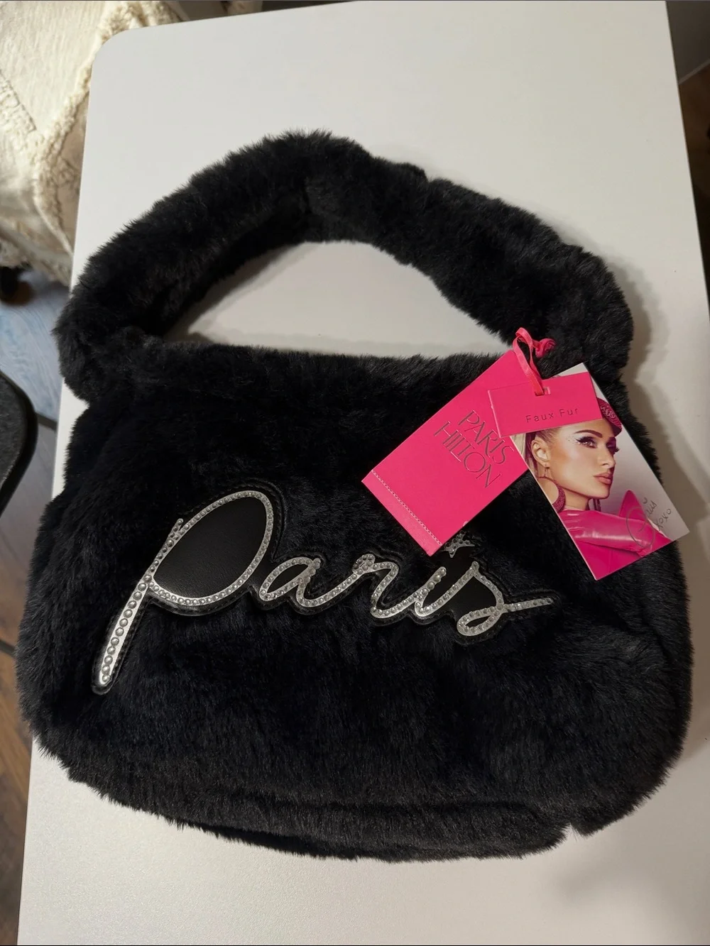 Paris Hilton Black Faux Forever Fur Baguette Bag with Silver Script